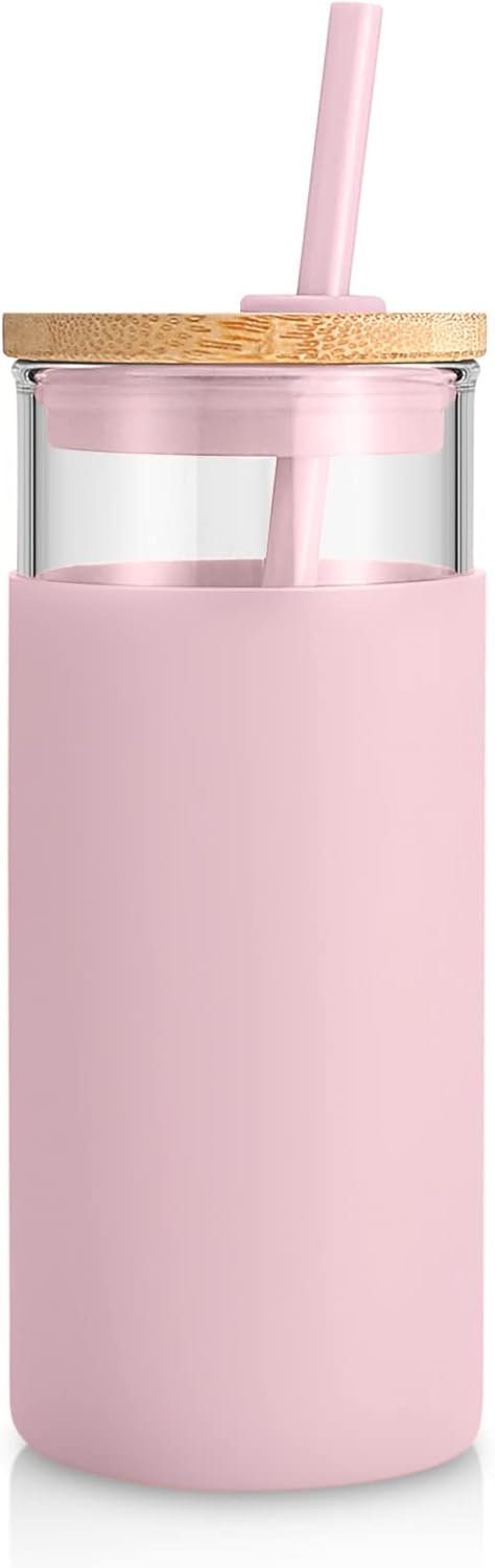 Tronco 20oz Glass Tumbler Glass Water Bottle Straw Silicone Protective Sleeve Bamboo Lid - BPA Free Pink