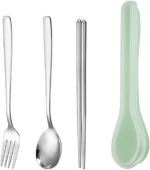 4 PCS Travel Flatware Stainless Steel Set - Portable Reusable Cutlery Set Including Chopsticks Fork Spoon with Case, Mirror Polished Utensils SetTravel Cutlery Set for Kids Adults (Green)