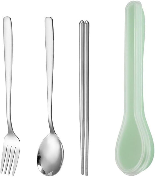 4 PCS Travel Flatware Stainless Steel Set - Portable Reusable Cutlery Set Including Chopsticks Fork Spoon with Case, Mirror Polished Utensils SetTravel Cutlery Set for Kids Adults (Green)