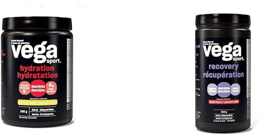 Vega Sport Hydration Electrolyte Powder Lemon Lime Vegan Hydrator, 168g & Sport Post-Workout Recovery Accelerator, Apple Berry Vegan, Non Dairy, Gluten Free, BCAAs, 540g
