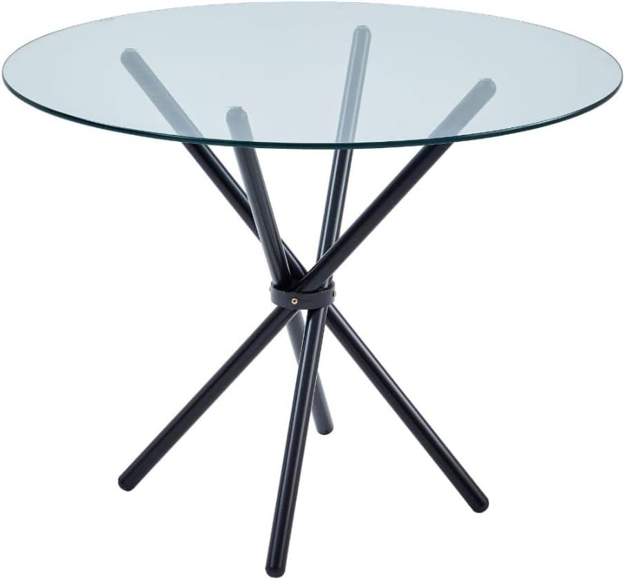 Gunno Modern Round Chrome Metal Dining Table with Clear Glass Top, Black Pedestal Dining Table