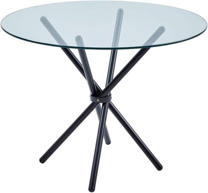 Gunno Modern Round Chrome Metal Dining Table with Clear Glass Top, Black Pedestal Dining Table