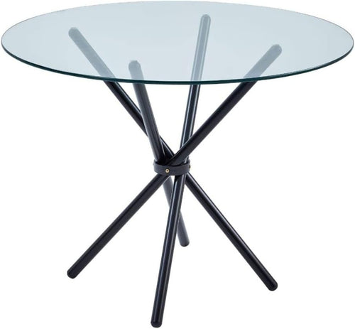 Gunno Modern Round Chrome Metal Dining Table with Clear Glass Top, Black Pedestal Dining Table
