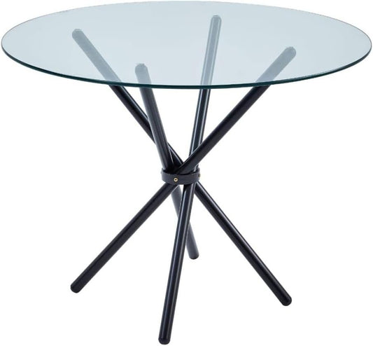 Gunno Modern Round Chrome Metal Dining Table with Clear Glass Top, Black Pedestal Dining Table