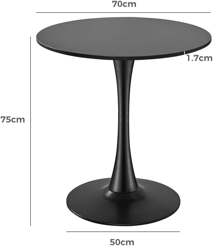 Furb 70cm Round Dining Table for 2, Outdoor Small Black Tulip Patio Coffee Table, Wooden Tabletop and Steel Leg