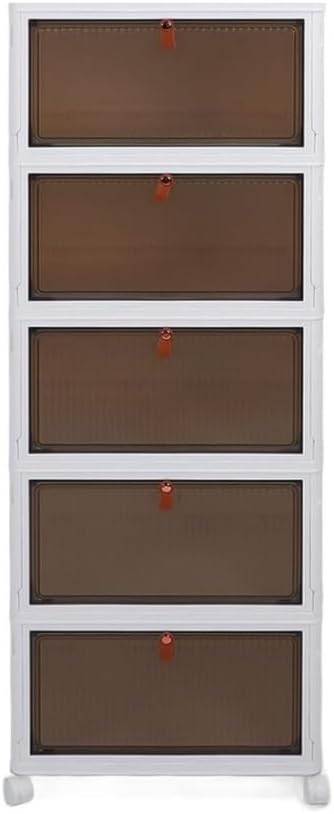 Stackable Storage Bins with Lids, Collapsible Closet Organizers and Storage Bin with Wheels, Foldable Organization Bins for Cabinet, Plastic Containers for Home (White-5 Tier)