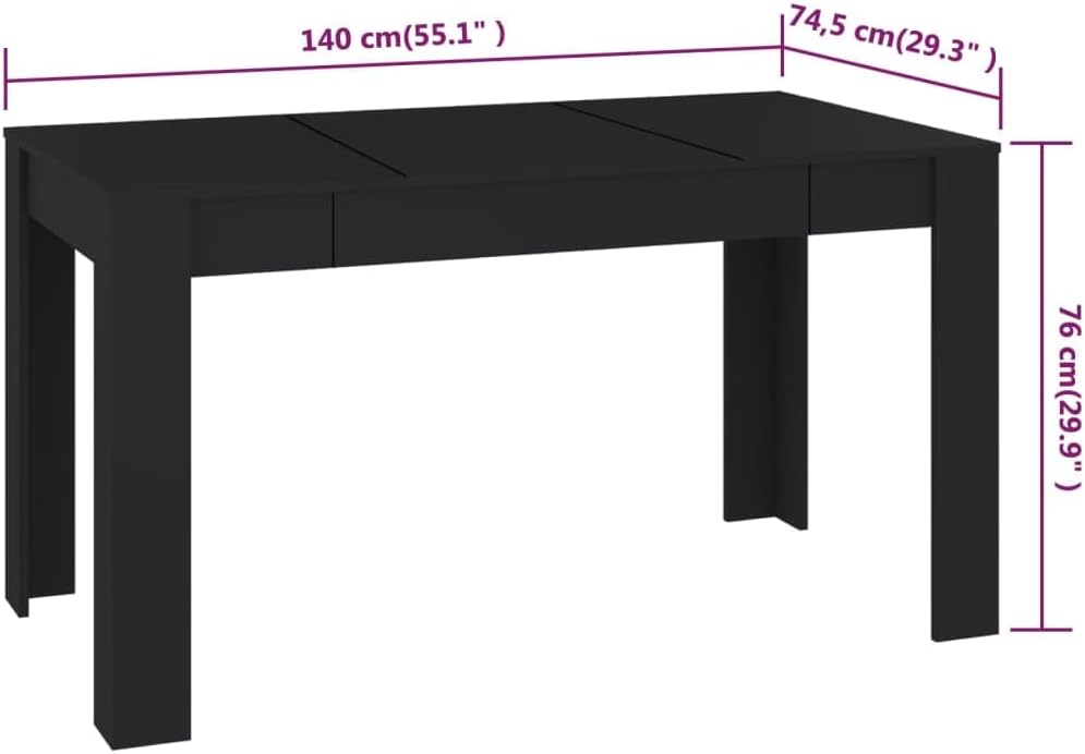 'vidaXL Modern Dining Table in Black Engineered Wood, Rectangular Shape - Ideal for Dining Room & Kitchen with A Spacious Tabletop - 140x74.5x76 cm