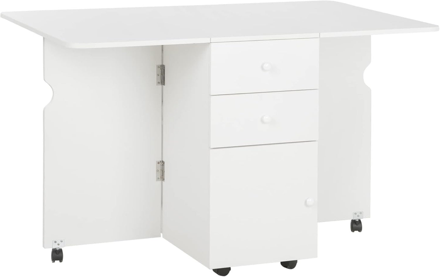 HOMCOM Folding Dining Table, Drop Leaf Table for Small Spaces with 2 Drawers, Cabinet and 6 Wheels, Small Kitchen Table, White