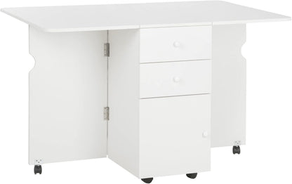 HOMCOM Folding Dining Table, Drop Leaf Table for Small Spaces with 2 Drawers, Cabinet and 6 Wheels, Small Kitchen Table, White