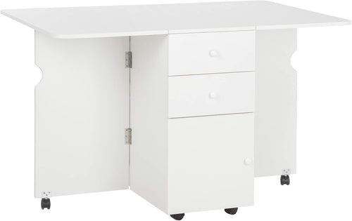 HOMCOM Folding Dining Table, Drop Leaf Table for Small Spaces with 2 Drawers, Cabinet and 6 Wheels, Small Kitchen Table, White