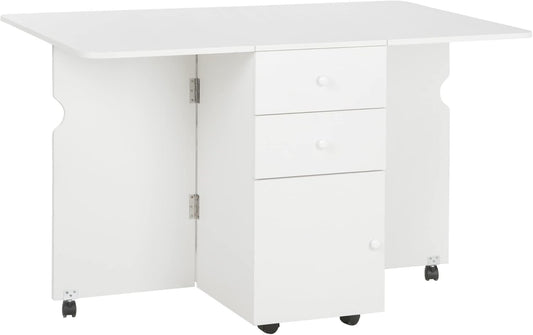 HOMCOM Folding Dining Table, Drop Leaf Table for Small Spaces with 2 Drawers, Cabinet and 6 Wheels, Small Kitchen Table, White