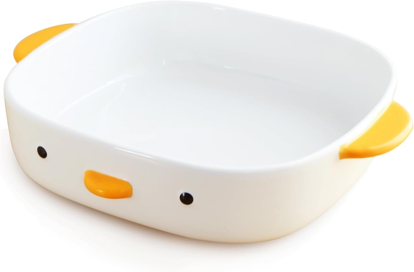 PURROOM Cute Duck Baking Dish, Ceramic Casserole Square Dish, Porcelain Pie Pan, 9x9 in Medium Baking Pan with Handles, Oven Safe & Durable Bakeware for Lasagna.