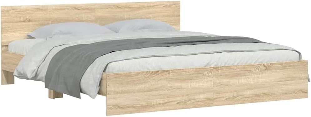 Sonoma Oak King Size Bed Frame Without Mattress 183x203 cm - Durable Engineered Wood Platform with Headboard and Sturdy Plywood Slats, Modern Low Profile, Ideal for Bedroom Furniture