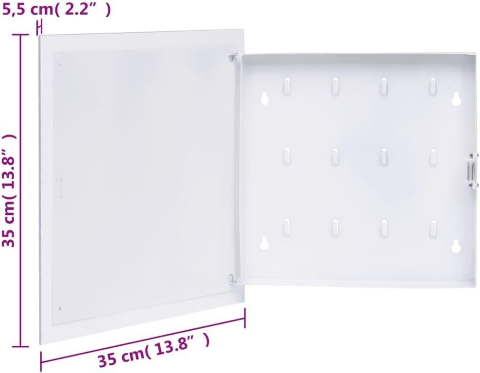vidaXL White Key Box with Magnetic Board 35x35 cm - Steel and Tempered Glass, Wall-Mounted Storage Organizer for Home and Office