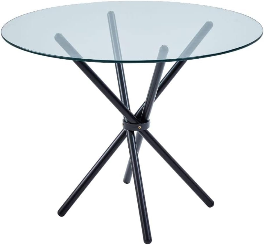 Gunno Modern Round Chrome Metal Dining Table with Clear Glass Top, Black Pedestal Dining Table