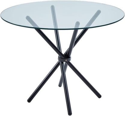 Gunno Modern Round Chrome Metal Dining Table with Clear Glass Top, Black Pedestal Dining Table