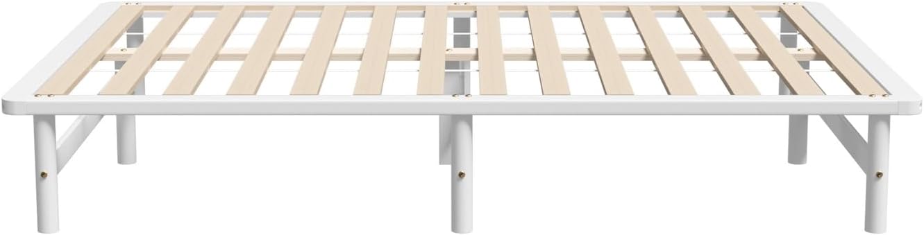 Oikiture Queen Bed Frame, Solid Pine Wood, Queen Size, White
