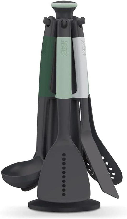 Joseph Joseph Elevate - Kitchen tools & gadgets Carousel 6-Piece Utensil Set with rotating stand, Ergonomic silicone handles, non stick head- Sage Green
