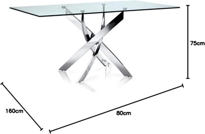 Take Me Home Furniture Solei Modern Rectangular Dining Table | Clear Tempered Glass Table Top - Stainless Steel Trestle Base | Glam Overlapping Legs, Dining Room Table Furniture, Easy Assembly