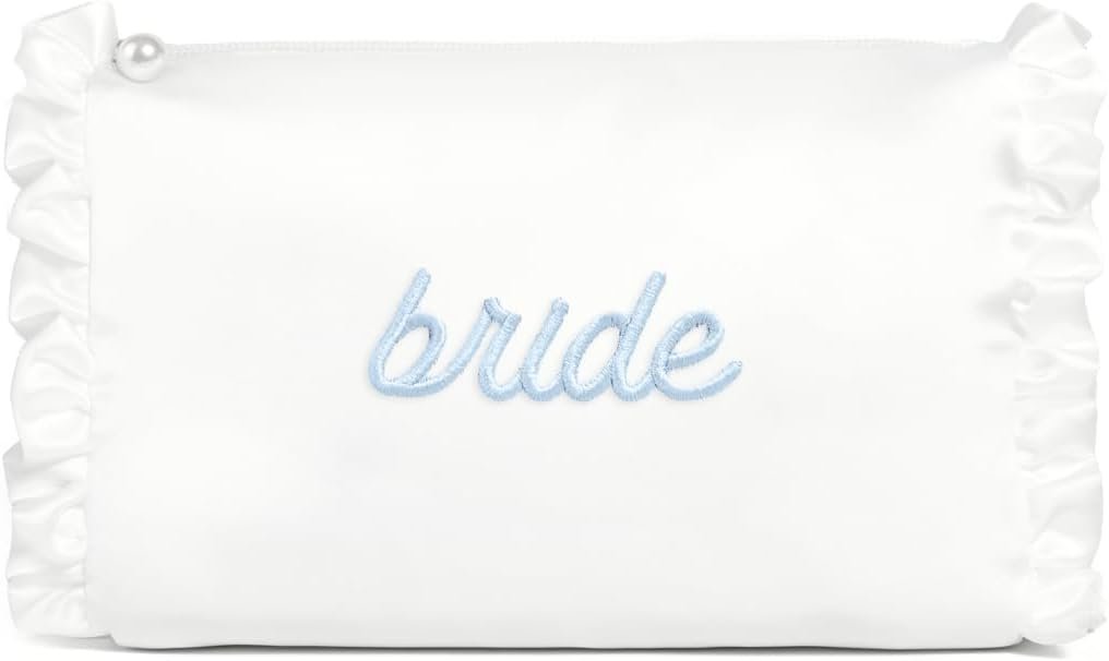 xo, Fetti White Satin Bride Cosmetic Bag | Bachelorette Party Decorations, Bride To Be Purse, Bridal Shower Accessory, GRWM Makeup Bag, White, Ruffle
