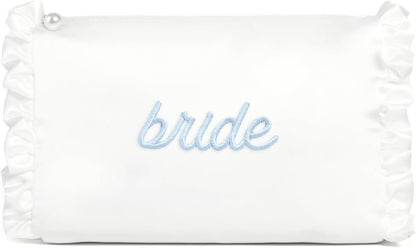 xo, Fetti White Satin Bride Cosmetic Bag | Bachelorette Party Decorations, Bride To Be Purse, Bridal Shower Accessory, GRWM Makeup Bag, White, Ruffle