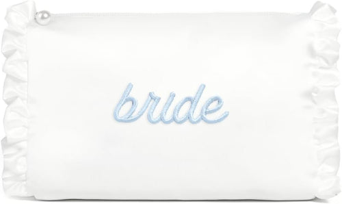 xo, Fetti White Satin Bride Cosmetic Bag | Bachelorette Party Decorations, Bride To Be Purse, Bridal Shower Accessory, GRWM Makeup Bag, White, Ruffle