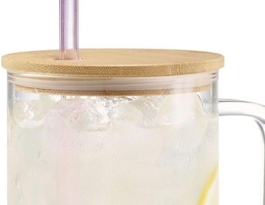 Iris Pur Luxe Glass Tumbler, Blush Pink & White Glass Straws, Lid, Handle, Travel, Drinkware, Coffee Cup, Water Bottle