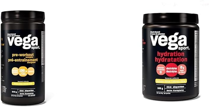 Vega Sport Pre-Workout Energizer, Lemon Lime (30 Servings) & Sport Hydration Electrolyte Powder Lemon Lime (40 Servings)