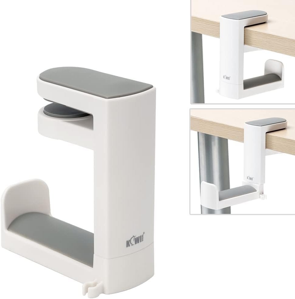KIWIFOTOS Headphone Stand Holder Under Desk, PC Gaming Headset Hook Hanger Mount with 360 Adjustable Rotating Arm Clamp & Built in Cable Clip - White