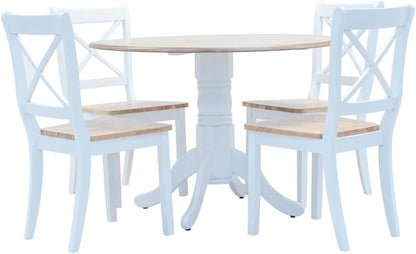vidaXL Solid Rubber Wood Dining Set - 5-Piece White/Brown Round Table with 4 Chairs, Durable MDF Veneer Tabletop - Elegant Farmhouse Style for Kitchen/Dining Room
