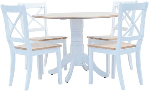 vidaXL Solid Rubber Wood Dining Set - 5-Piece White/Brown Round Table with 4 Chairs, Durable MDF Veneer Tabletop - Elegant Farmhouse Style for Kitchen/Dining Room
