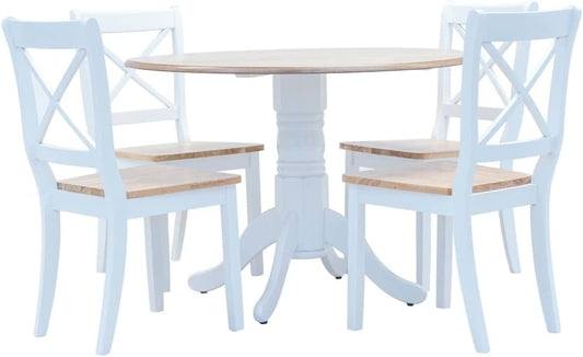 vidaXL Solid Rubber Wood Dining Set - 5-Piece White/Brown Round Table with 4 Chairs, Durable MDF Veneer Tabletop - Elegant Farmhouse Style for Kitchen/Dining Room