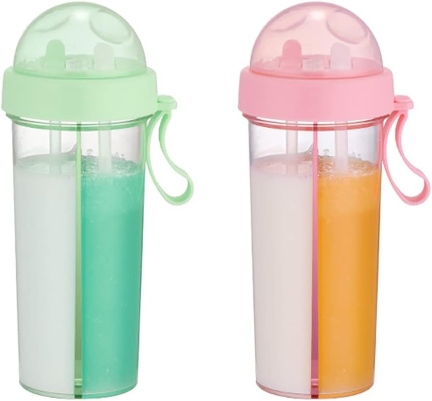600ml Dual Use Water Bottle, Two Straws Double Drinking Bottle Split Drinking Cup Two Sided Cup with Divider Daily Water Intake Bottle for Home Outdoor Camping Sport