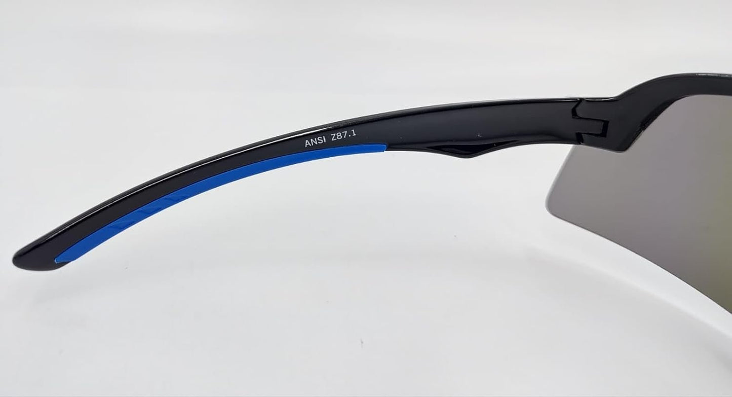 Sunneys Safety Sunglasses, Rangers, Wraparound, ANSI, Z87+, Non-Slip, Anti Fog, Black Frame/Mirror Lens, Case included, Shooting, Cycling, Travelling, Anti Pollen Goggles, Eye Protection (black, blue)