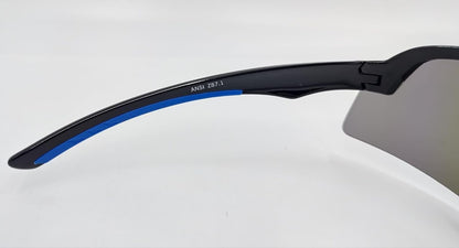Sunneys Safety Sunglasses, Rangers, Wraparound, ANSI, Z87+, Non-Slip, Anti Fog, Black Frame/Mirror Lens, Case included, Shooting, Cycling, Travelling, Anti Pollen Goggles, Eye Protection (black, blue)