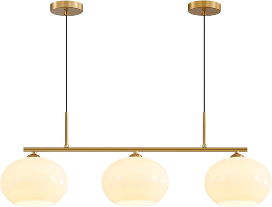 KCO Lighting 3 Light Linear Pendant Lighting Milk Glass Flush Mount Ceiling Light Brass Gold Chandelier Light Fixture Modern Globe Linear Chandelier Dining Room Dining Room Over Table