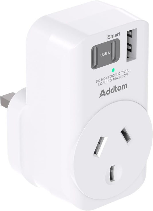 Addtam UK Travel Adapter, AU to UK Universal Power Adapters with 3 USB Ports(2 USB C), Travel Essentials Accessories for Ireland England Scotland Dubai London Hong Kong, Type G Plug Adapter