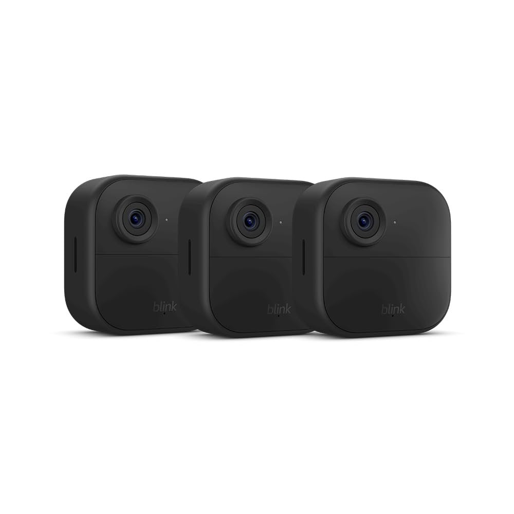 Blink Outdoor 4 (newest model), Wireless smart security camera, two-year battery, 1080p HD day and infrared night live view, two-way talk – 3 camera system