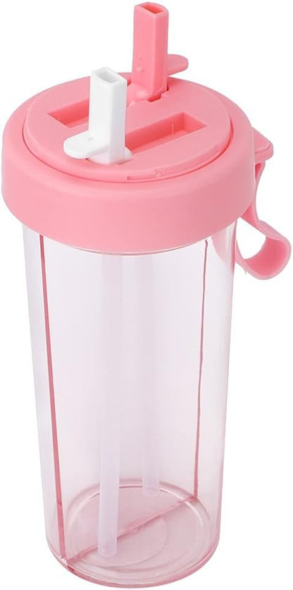 600ml Dual Use Water Bottle, Two Straws Double Drinking Bottle Split Drinking Cup Two Sided Cup with Divider Daily Water Intake Bottle for Home Outdoor Camping Sport