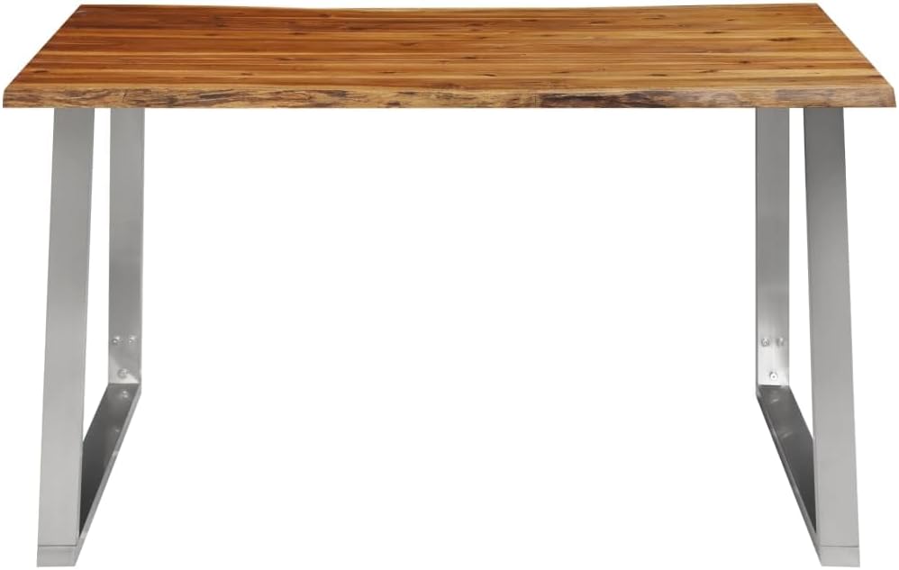 vidaXL Industrial Dining Table - Brown Solid Acacia Wood Top with Stainless Steel Legs - Rectangular Kitchen Table with Live Edge