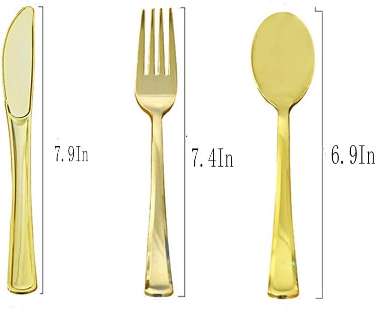 75Pcs Gold Disposable Plastic Cutlery, Plastic Heavy Duty Utensils for Parties, Gold Silverware Cutlery Set Include 7.4In Forks and 6.9In Spoons, 7.9In Knives (75Pcs)