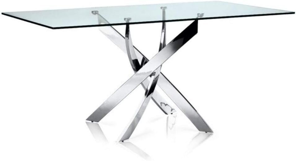 Take Me Home Furniture Solei Modern Rectangular Dining Table | Clear Tempered Glass Table Top - Stainless Steel Trestle Base | Glam Overlapping Legs, Dining Room Table Furniture, Easy Assembly