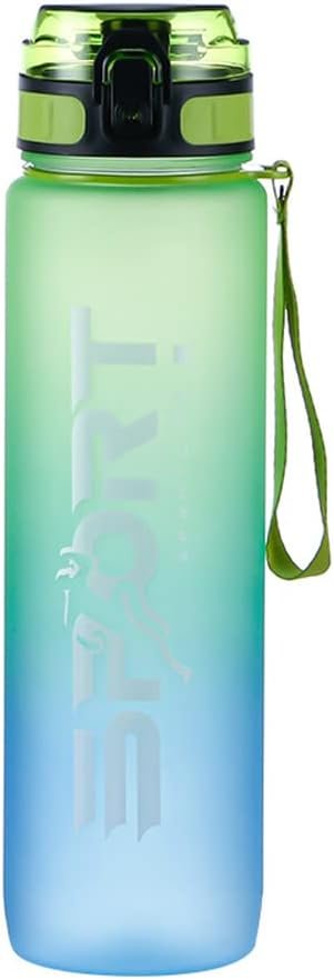 Sports Water Bottle with Straw Camping Hiking Exercise Water Bottle Outdoor Plastics Bottle Large Capacity Drinkware with Carrying Rope green and blue 800ml