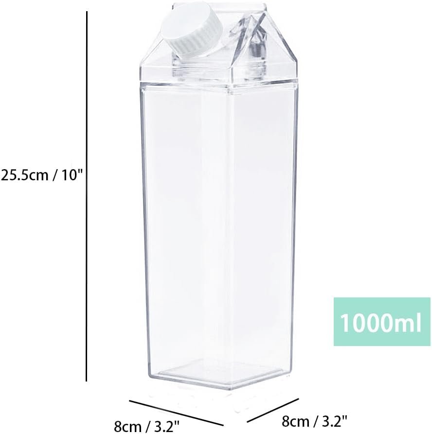 Jinberry 1000ml/34oz Cute Leakproof Clear Milk Carton Water Bottle Portable Drinkware for Outdoor Climbing Tour or Camping