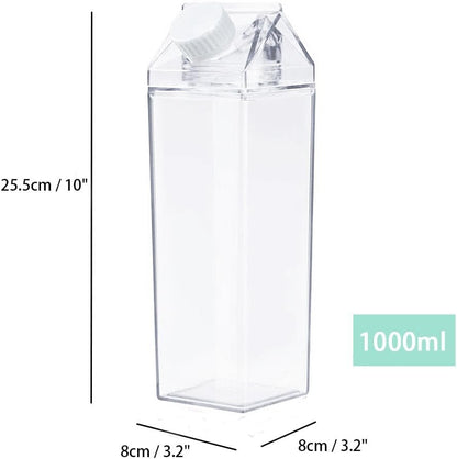 Jinberry 1000ml/34oz Cute Leakproof Clear Milk Carton Water Bottle Portable Drinkware for Outdoor Climbing Tour or Camping