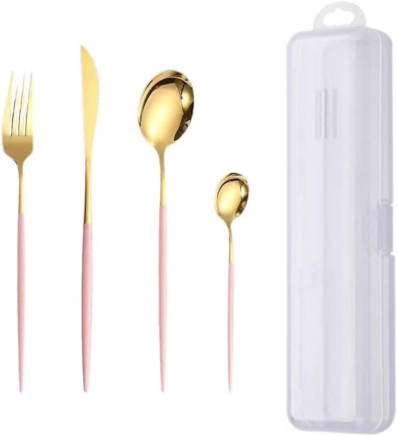 Stainless Steel Flatware Set Portable Cutlery Set Travel Utensils Set, 4Pcs Stainless Steel Cutlery Silverware Set Camping Cutlery Set with Plastic Case, Including Knife, Fork, Spoon, and Coffee Spoon