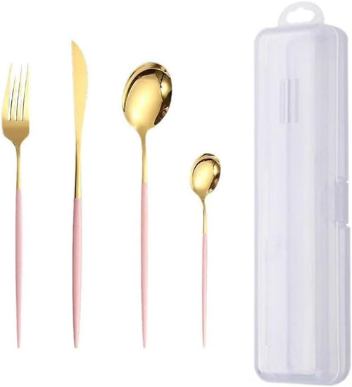 Stainless Steel Flatware Set Portable Cutlery Set Travel Utensils Set, 4Pcs Stainless Steel Cutlery Silverware Set Camping Cutlery Set with Plastic Case, Including Knife, Fork, Spoon, and Coffee Spoon