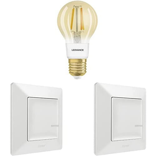 LEGRAND, Smart Lighting Expansion Pack, Voice Control (Alexa, Google, Apple), Dimmable Smart Bulb, 2 Wireless Switches, Vintage Bulb, White Switch Design