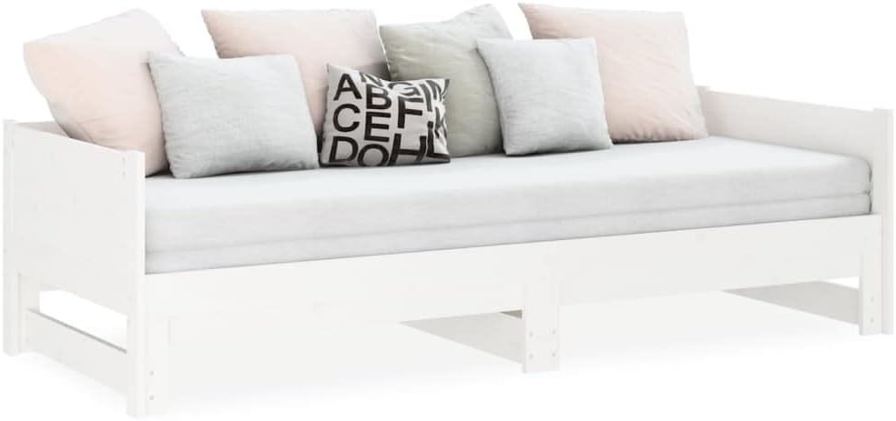 vidaXL Solid Wood Pine Pull-Out Day Bed Living Room Bedroom Sleepover Overnight Bed Couch Sofa Seat Occasional Bed Home Wooden Furniture White