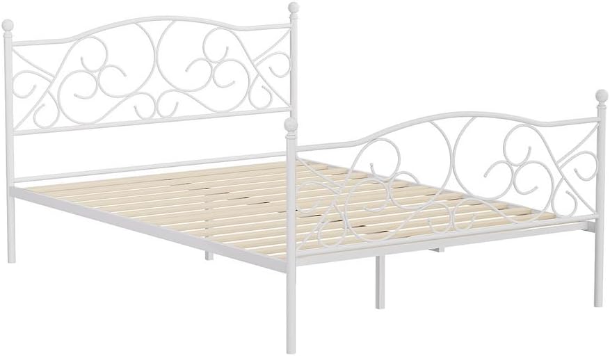 Artiss Double Metal Bed Frame with Headboard(Base Only), Metal Platform Bed with Easy Assembly, 300kg Capacity Heavy-Duty Metal Slats with Under Bed Storage for Master Bedroom/Guest Room, White